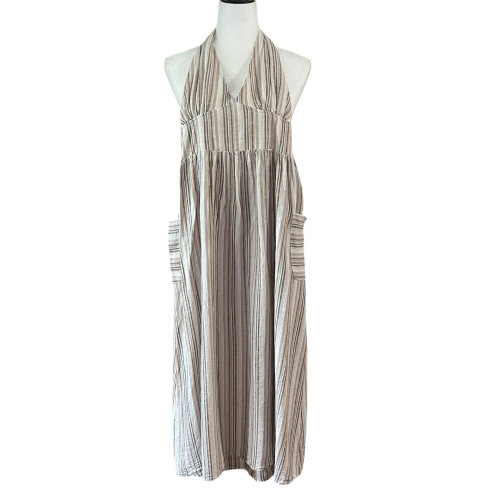 Indigo Rein Tan and Brown Stripes Linen Blend Halter Dress US S